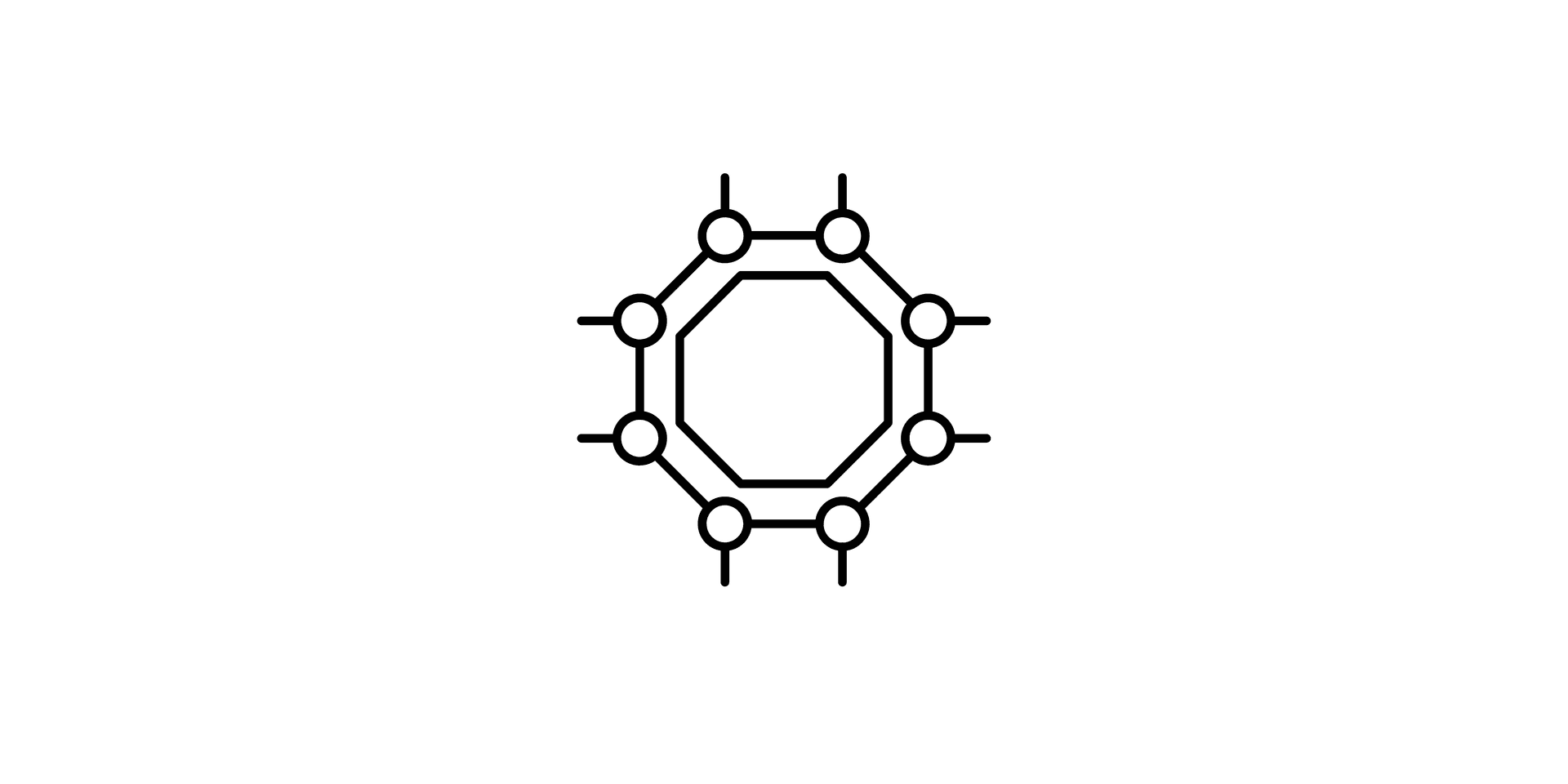 Hexagonal molecular structure with six outer circles connected by lines, resembling a chemical model.
